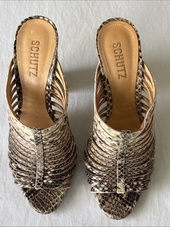SCHUTZ Snakeskin Strappy Open-Toe Heels in Neutral Brown Laura animal print main image 3